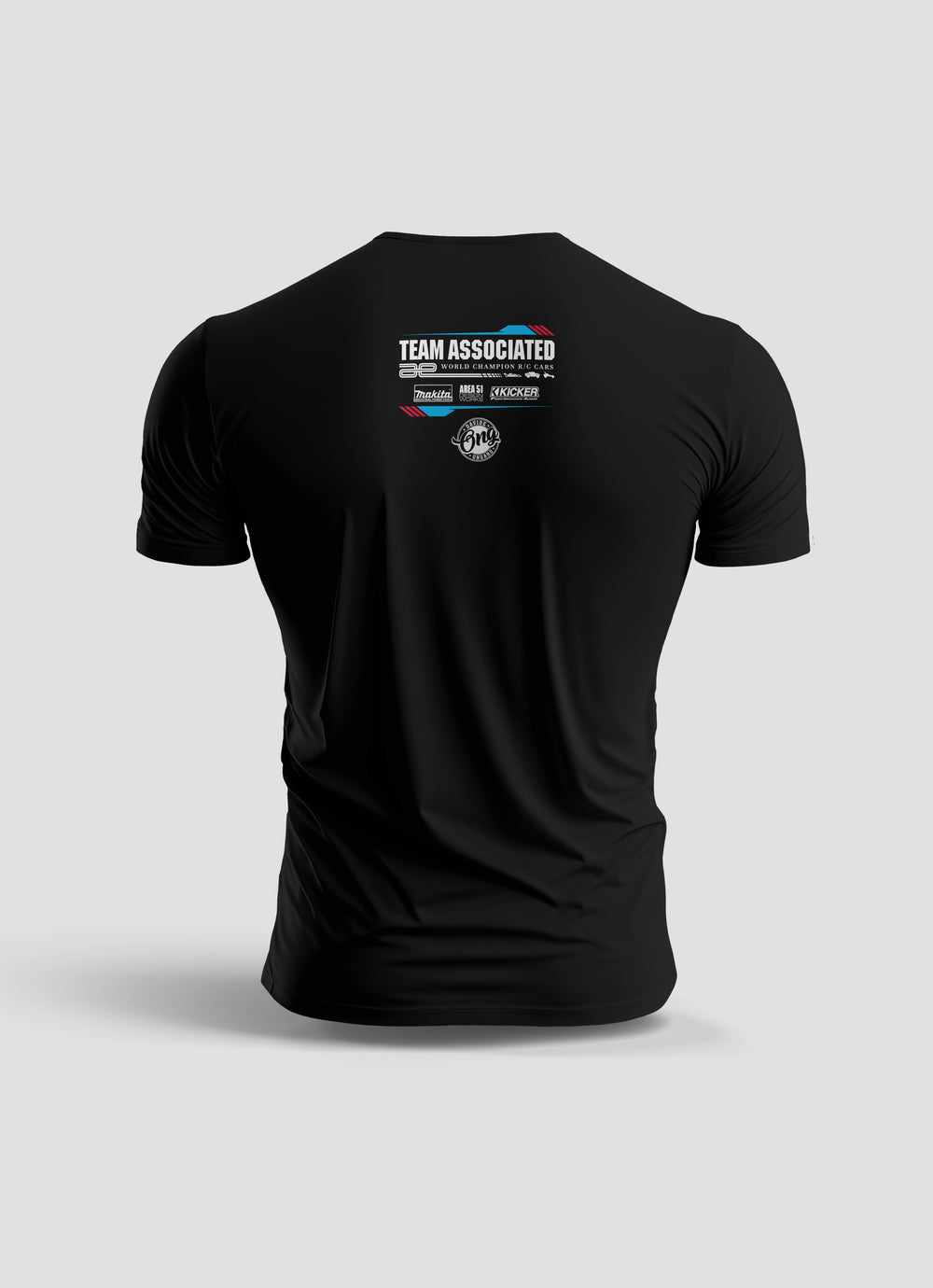 Team Associated T-Shirt Black showing the back design with logos, made in Switzerland, 100 % Öko, Qualität.