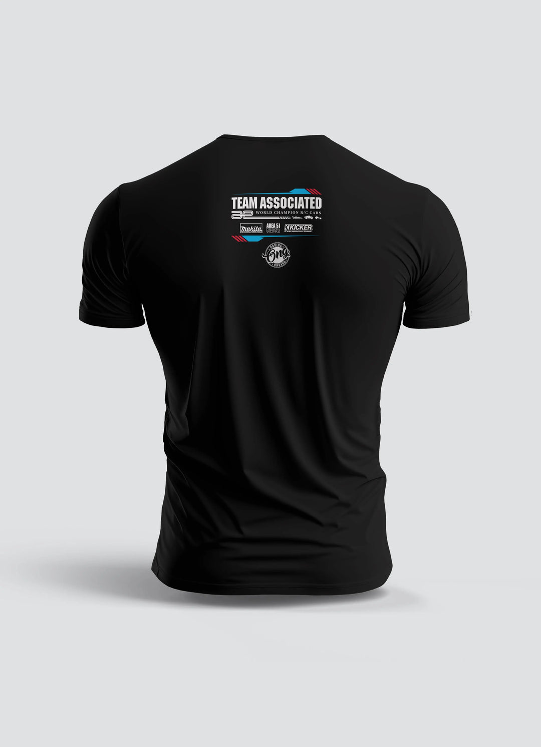 Team Associated T-Shirt Black showing the back design with logos, made in Switzerland, 100 % Öko, Qualität.