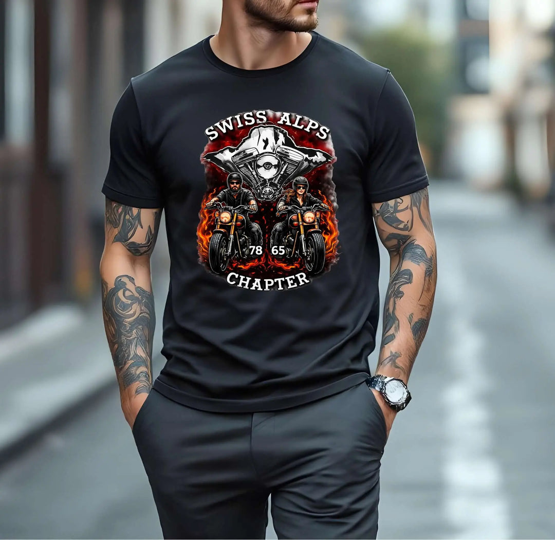 Swiss Alps Chapter T-Shirts Version 1 featuring biker design with flames and riders, Made in Switzerland, 100% Öko, Qualität.