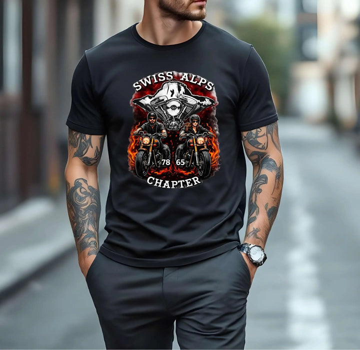Swiss Alps Chapter T-Shirts Version 1 featuring biker design with flames and riders, Made in Switzerland, 100% Öko, Qualität.