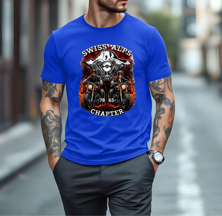 Swiss Alps Chapter T-Shirts Version 1 featuring biker motif with V-Twin motor and riders, made in Switzerland, 100 % Öko, Qualität.