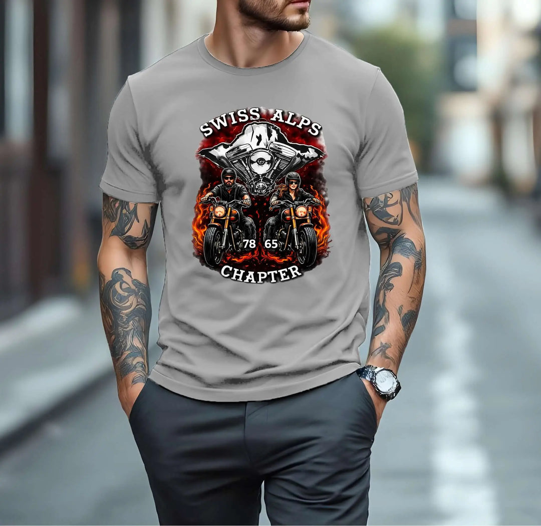 Swiss Alps Chapter T-Shirts Version 1 featuring biker design, stockhorn, V-twin motor, made in Switzerland.