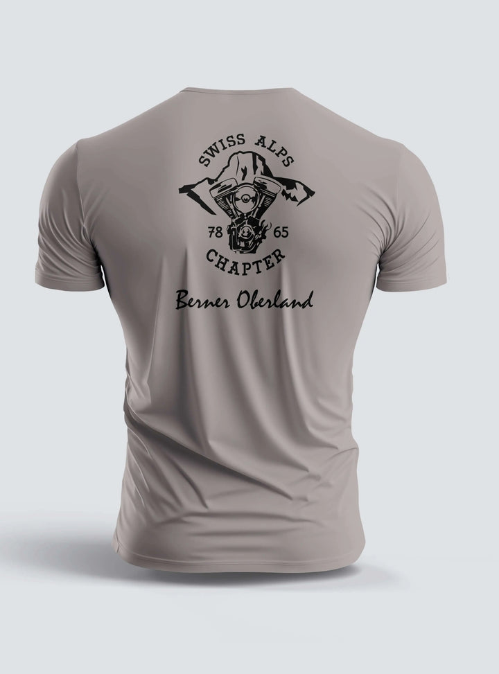 Swiss Alps Chapter T-Shirts Version 1 - Skull design featuring biker motif and Alpine branding.