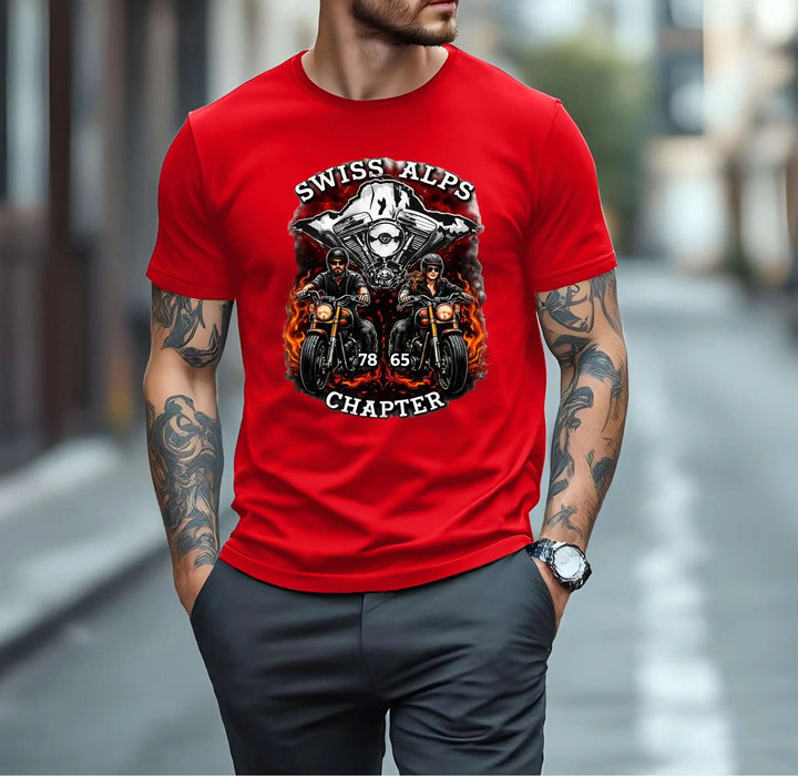 Swiss Alps Chapter T-Shirts Version 1, featuring bold biker design with flames and V-Twin motor, made in Switzerland.