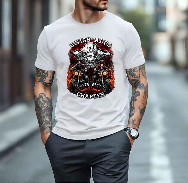 Swiss Alps Chapter T-Shirts Version 1 featuring biker design with riders and flames, Made in Switzerland, 100 % Öko, Qualität.